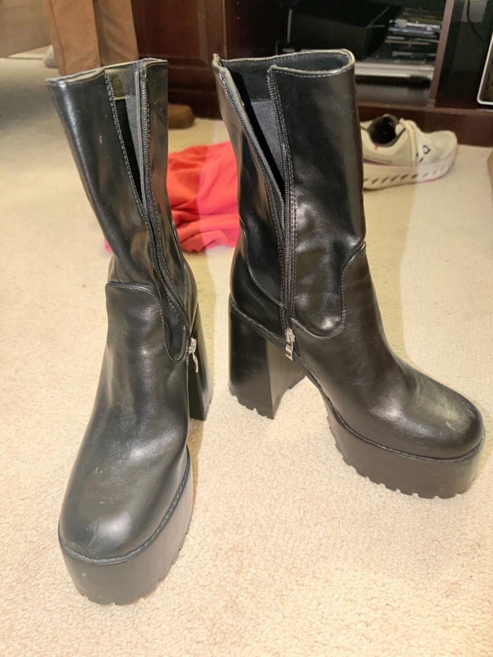 Princess Polly Black Platform Mid-Calf Zip Heeled Boots - Picture 2 of 6
